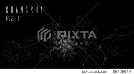 Changsha city province vector map poster. China municipality square linear road map, administrative municipal area. 86406949