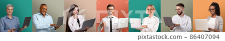 Set of diverse businesspeople with laptops posing over colorful pastel studio backgrounds, collage, panorama Set of diverse businesspeople with laptops posing over colorful pastel studio backgrounds, collage, panorama 86407094