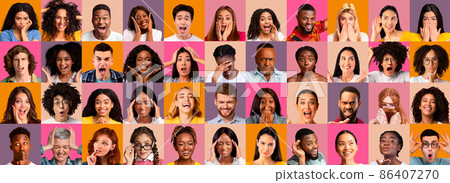 Collection of closeup portraits of different men and women, panorama 86407270
