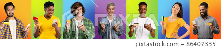 Excited diverse people using cellphones showing credit cards Excited diverse people using cellphones showing credit cards 86407335