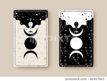 Set magical tarot cards, magic Woman Triple Moon, boho style, sacred geometry sign, esoteric spiritual symbols, Priestess Goddess Wiccan icon. Vector vintage collection on old celestial background 86407643