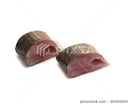 Pieces of red-finned mullet isolated on a white background 86408004