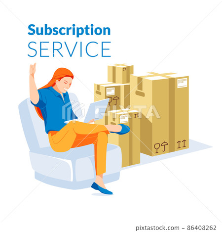 metaphor for subscription and delivery service. Happy attractive girl is sitting at home with a laptop. A group of large paper boxes in the background. Flat vector illustration. metaphor for subscription and delivery service. Happy attractive girl is sitting at home with a laptop. A group of large paper boxes in the background. Flat vector illustration. 86408262