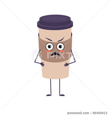 Cute cup of coffee character with angry emotions, face, arms and legs. The funny or grumpy paper glass for a cafe. Vector flat illustration 86408423