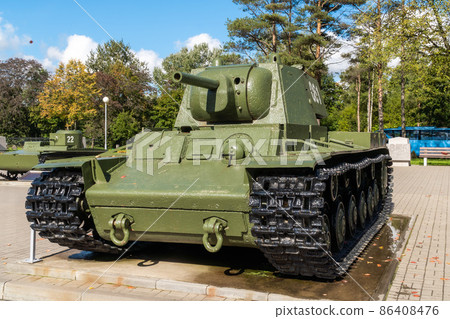 Russia. Leningrad region. September 10, 2021. KV-1 tank near the panorama museum Breaking the siege of Leningrad. Russia. Leningrad region. September 10, 2021. KV-1 tank near the panorama museum Breaking the siege of Leningrad. 86408476