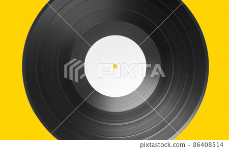 Vinyl record on yellow background. White label Mock up 86408514