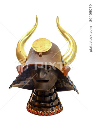 Old Japan Samurai Warrior mask of and helmet, it made from metal material for protection all cover face and head of warrior, isolated on white background 86409079