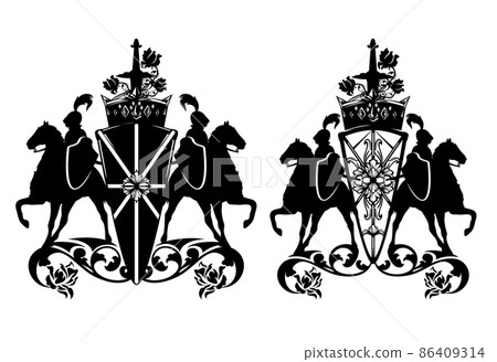 black and white vector royal heraldry with rose flowers, shield, sword, crown and knight horse riders 86409314
