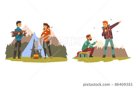 People Character with Backpack Engaged in Hiking and Trekking Cooking at Tent and Walking Vector Set 86409381