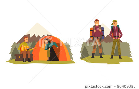 People Character with Backpack in Tent and Walking Engaged in Hiking and Trekking Vector Set 86409383