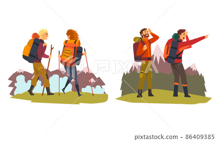 People Character with Backpack Engaged in Hiking and Trekking Vector Set 86409385