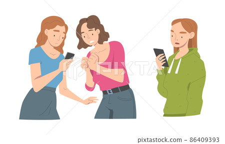 Disappointed with Bad News Woman Character Reading Message on Smartphone Vector Illustration Set 86409393