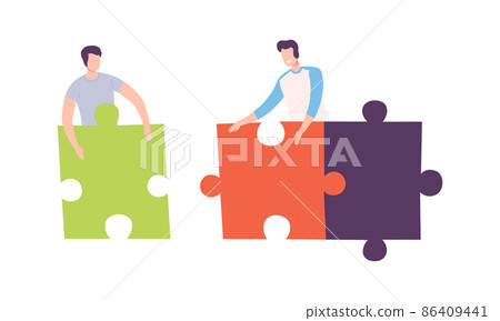 Young Man Holding Huge Jigsaw Puzzle Vector Set Young Man Holding Huge Jigsaw Puzzle Vector Set 86409441
