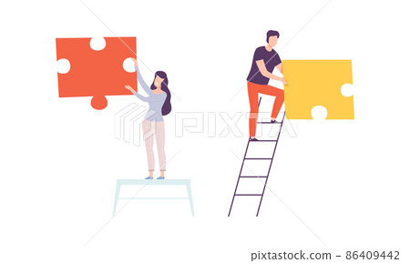 Young Man and Woman Holding Huge Jigsaw Puzzle Vector Set Young Man and Woman Holding Huge Jigsaw Puzzle Vector Set 86409442