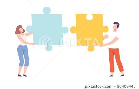 Young Man and Woman Holding Huge Jigsaw Puzzle Vector Set Young Man and Woman Holding Huge Jigsaw Puzzle Vector Set 86409443