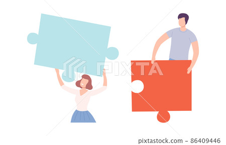 Young Man and Woman Holding Huge Jigsaw Puzzle Vector Set Young Man and Woman Holding Huge Jigsaw Puzzle Vector Set 86409446