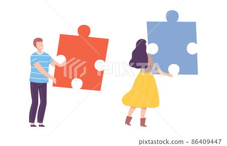 Young Man and Woman Holding Huge Jigsaw Puzzle Vector Set Young Man and Woman Holding Huge Jigsaw Puzzle Vector Set 86409447