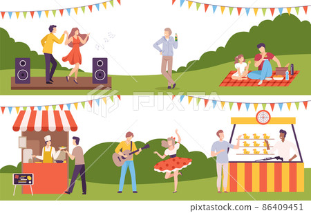 People Walking in the Park Having Picnic and Dancing to Music Enjoying Leisure Activity Vector Illustration Set 86409451