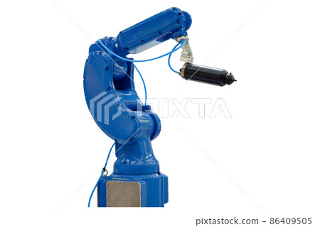 Blue robotic installed blow spray arms for workshop paint and brush metalwork on industrial smart factory, industry 4.0, isolated on white background 86409505
