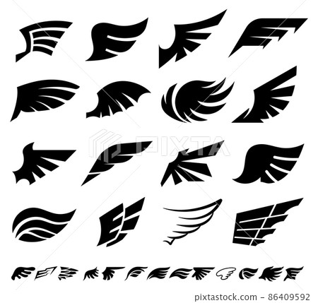 Wings silhouettes of bird feathers, heraldic icons 86409592