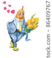 Hand drawn watercolor card with a cartoon character and a bouquet of tulips. 86409767