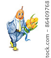 Hand drawn watercolor card with a cartoon character and a bouquet of tulips. 86409768