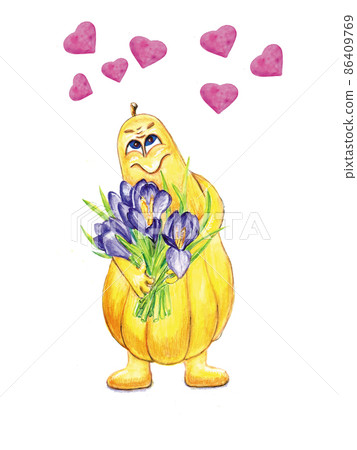 Hand drawn watercolor card with a cartoon character and a bouquet of crocus. 86409769