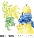 Watercolor handmade card with a cartoon character and a bouquet of mimosa. 86409770