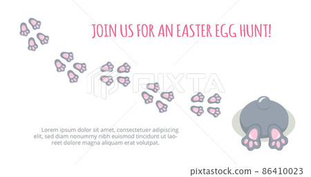 Easter bunny foot print direction point for egg hunt invitation. Vector stock illustration isolated on white background. EPS10 Easter bunny foot print direction point for egg hunt invitation. Vector stock illustration isolated on white background. EPS10 86410023