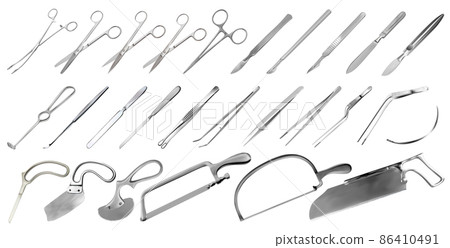 Surgical instruments set. Tweezers, scalpels, plaster and bone saws, brain, amputation and plaster knives, forceps and clamps, hook, needle. Large collection of hand metal tools. Vector illustrations 86410491