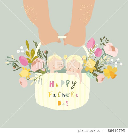 Father s Hands holding Basket with Children and Flowers 86410795