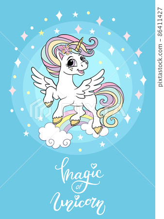 Cartoon joyful unicorn dancing on a raindow vector poster Cartoon joyful unicorn dancing on a raindow vector poster 86411427