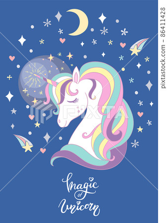 Cartoon dreaming unicorn with moon vector poster Cartoon dreaming unicorn with moon vector poster 86411428