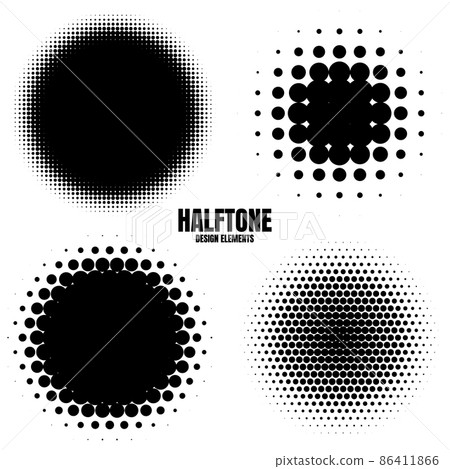 Circle halftone design elements with black dots isolated on white background. Comic dotted pattern 86411866