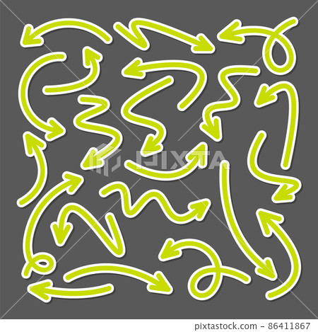 Colorful hand drawn arrow stickers set. Green pointers collection. Simple arrows in different shapes 86411867