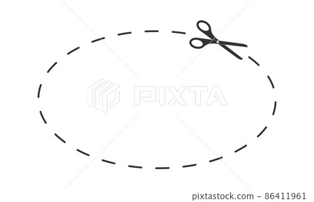 Scissors cutting oval shape with dotted line. Cut here pictogram for paper discount coupon, voucher, promo code. Graphic vector illustration 86411961