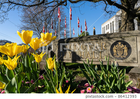 A panoramic view of downtown Vancouver along the cove in spring 86412393
