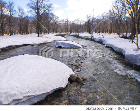 Ozegahara covered with spring Oze and remaining snow Ozegahara covered with spring Oze and remaining snow 86412497