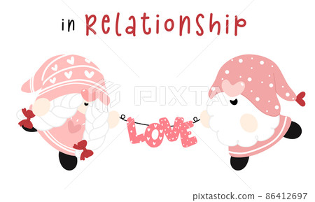 cute couple Valentine Gnomes in relationship holding love text flag, flat vector cartoon hand drawn cute couple Valentine Gnomes in relationship holding love text flag, flat vector cartoon hand drawn 86412697