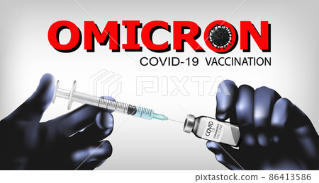 Stop Coranavirus concept Omicron Covid-19 vaccine background. Hands holding bottle with vaccine destroying virus COVID - 19 and syringe. Vector 86413586