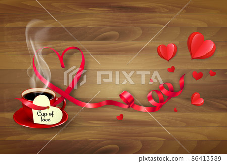 Red cup of coffee with a heart shaped valentine note and red heart shape ribbon. Valentine's Day background. Vector illustration 86413589