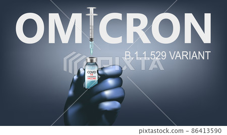 Coronavirus Omicron vaccine background. Hand holding bottle with vaccine destroying virus COVID - 19 molecule. Stop Coranavirus concept. Vector 86413590