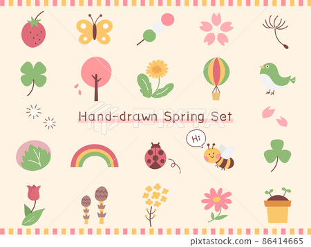 Spring hand-painted hand-drawn style illustration set Sakura strawberry butterfly butterfly Tsukushi tulip Sakura mochi flower 86414665