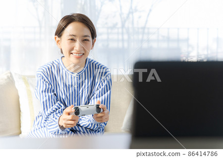 Female in her 40s playing a game Female in her 40s playing a game 86414786