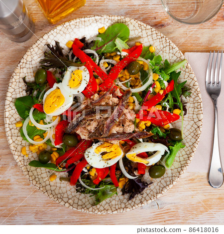 Xato salad with cod, chopped eggs and corn Xato salad with cod, chopped eggs and corn 86418016