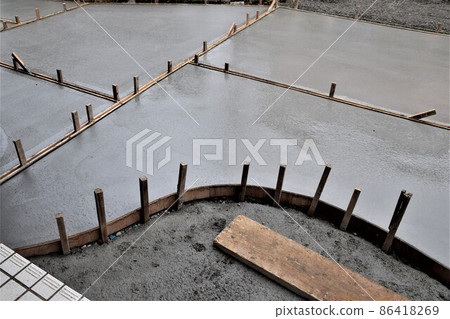 Exterior work flow (5) Ready-mixed concrete injection, trowel work, material background 86418269