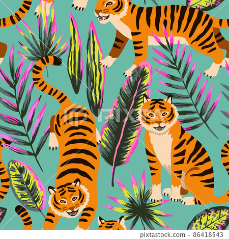 Seamless pattern with cute cartoon tigers and doodle tropical leaves.  86418543