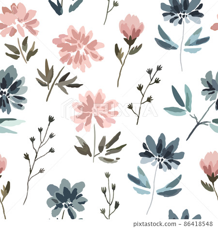 Seamless pattern with cute delicate pastel flowers in watercolor style isolated on white background. 86418548