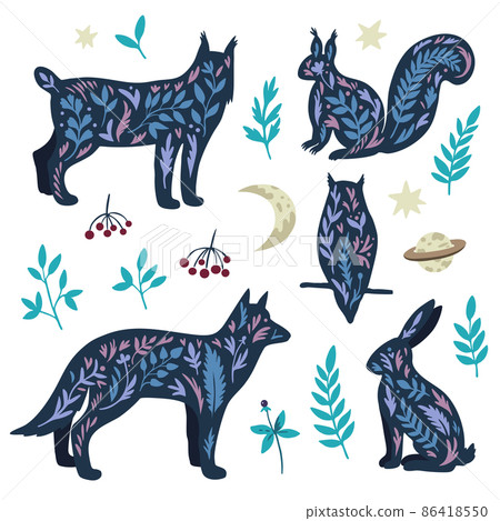 Set of mystic wild animals in doodle boho scandinavian style, owl, wolf and rabbit with stars and plant elements isolated on white background. Set of mystic wild animals in doodle boho scandinavian style, owl, wolf and rabbit with stars and plant elements isolated on white background. 86418550
