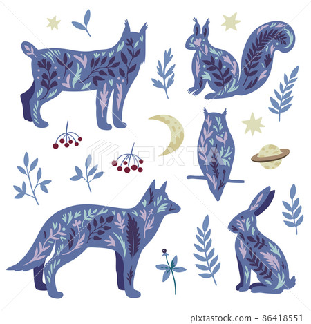 Set of mystic wild animals in doodle boho scandinavian style, owl, wolf and rabbit with stars and plant elements isolated on white background. Set of mystic wild animals in doodle boho scandinavian style, owl, wolf and rabbit with stars and plant elements isolated on white background. 86418551
